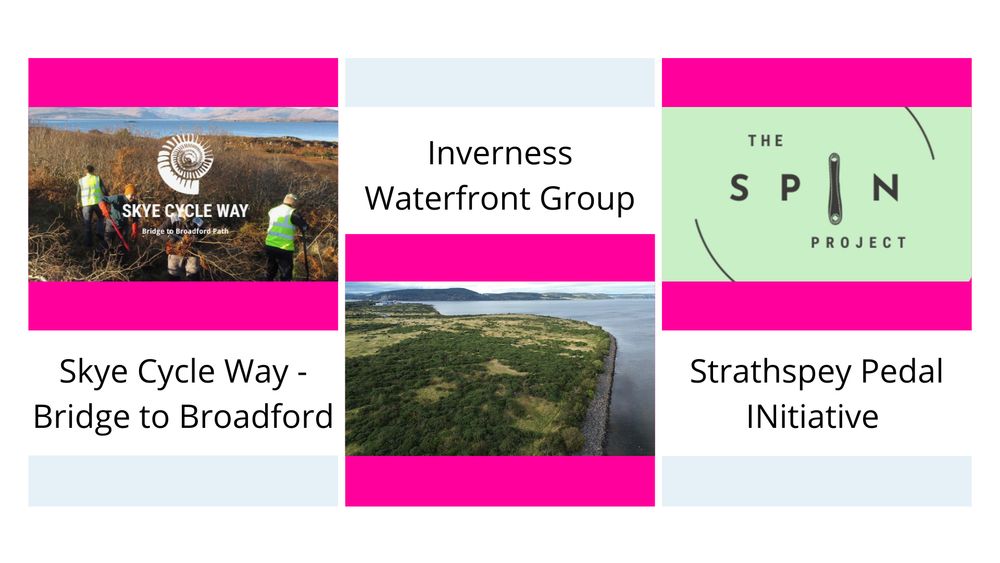 Logos of: skye cycle way, inverness waterfront group, Strathspey Pedal Initiative. 