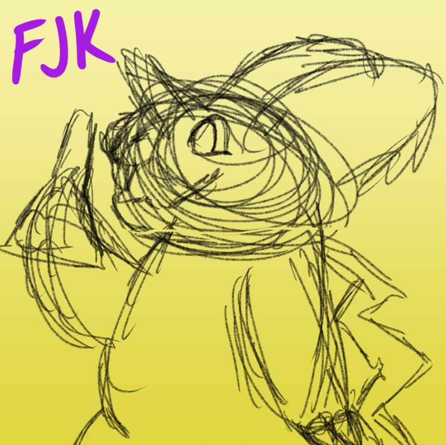 A half body sketch of a smiling male Nidoran holding a potion on a bright yellow background.