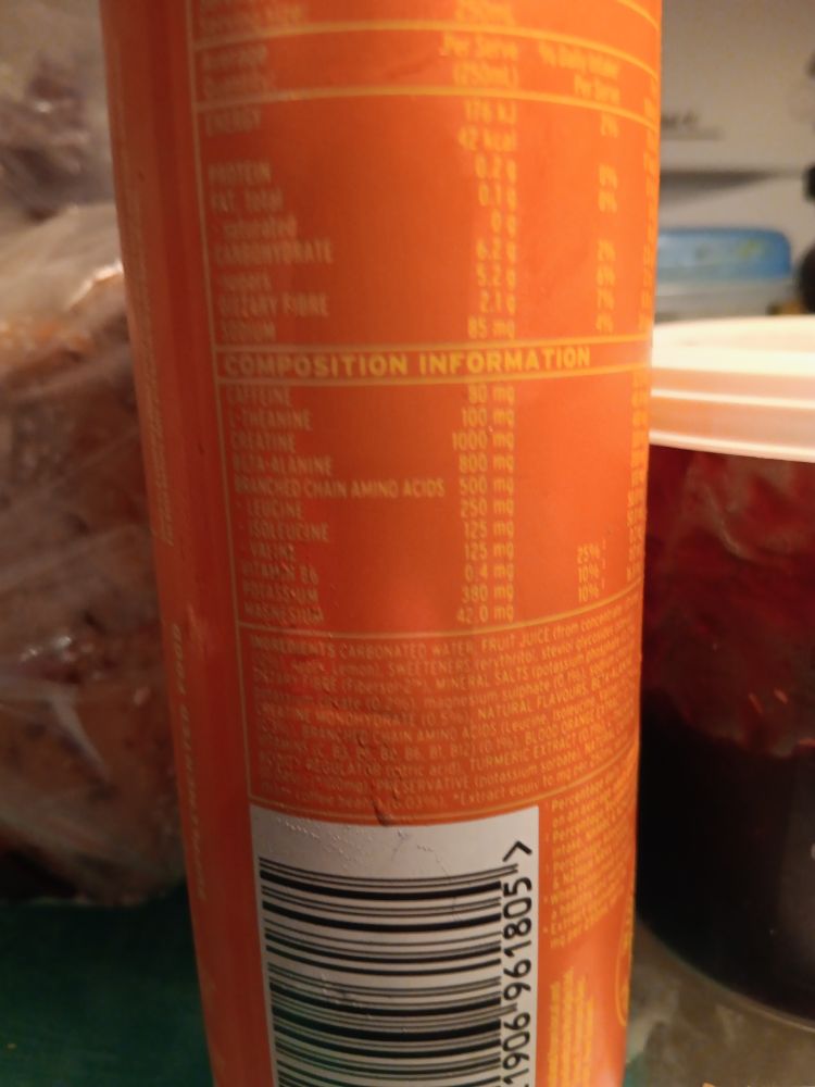 energy drink composition information, listing 1000mg of creatine. it also has caffeine, beta-alanine, branched-chain amino acids, and B vitamins.

the can is orange and the writing is light orange, as if the small font wasn't already hard enough to read