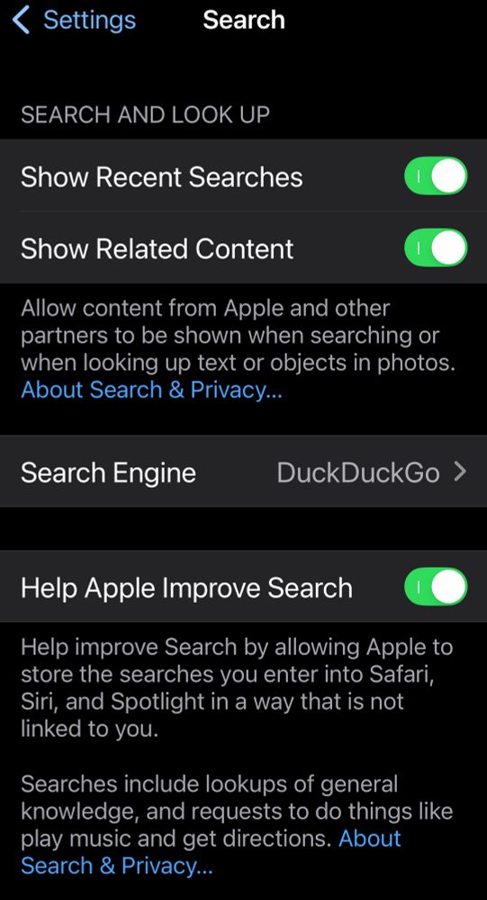 On an iPhone, go to Settings > Search and click the Search Engine option to change the default engine to Duck Duck Go if you need a VPN service.