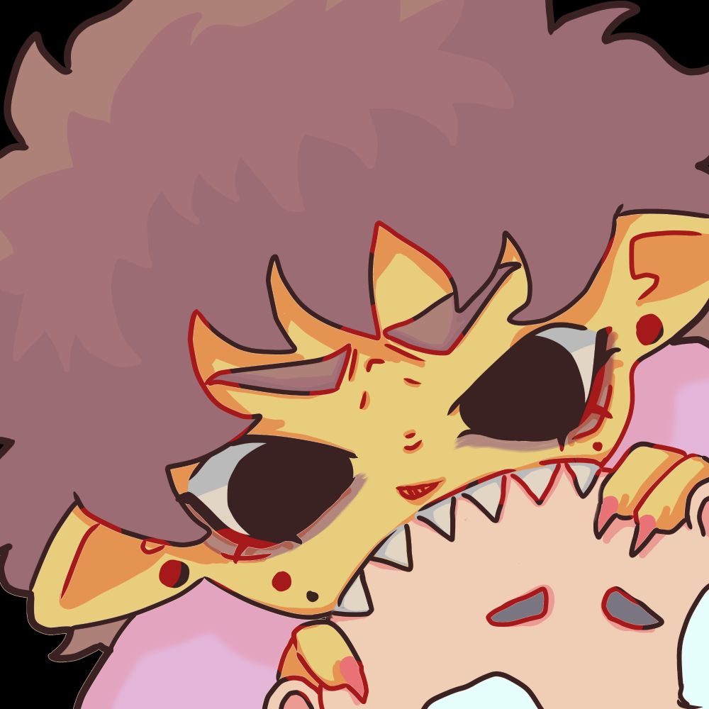 A chibi sticker of Nero (featured in other posts) biting the head of a bald, pale figure in distress. He has elf ears with a single love piercing. He has sharp teeth. His eyebrows are furrowed in determination and eyes are dark. He has pink claws.