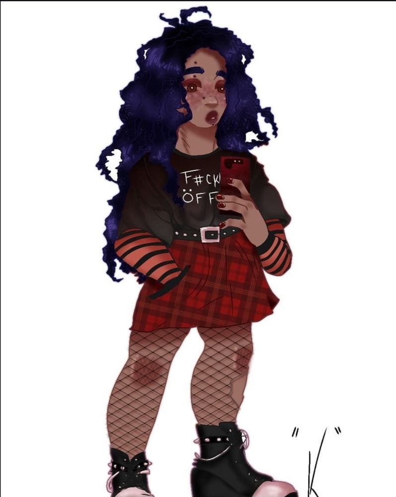 The male character from the previous post standing solo on a white background. In the bottom left is a cut off "K". He also has black and pink studded boots and his shirt says " F#CK ÖFF" instead. His skirt is plaid and his long sleeves are the same red-and-black-horizontal-stripe pattern instead. 