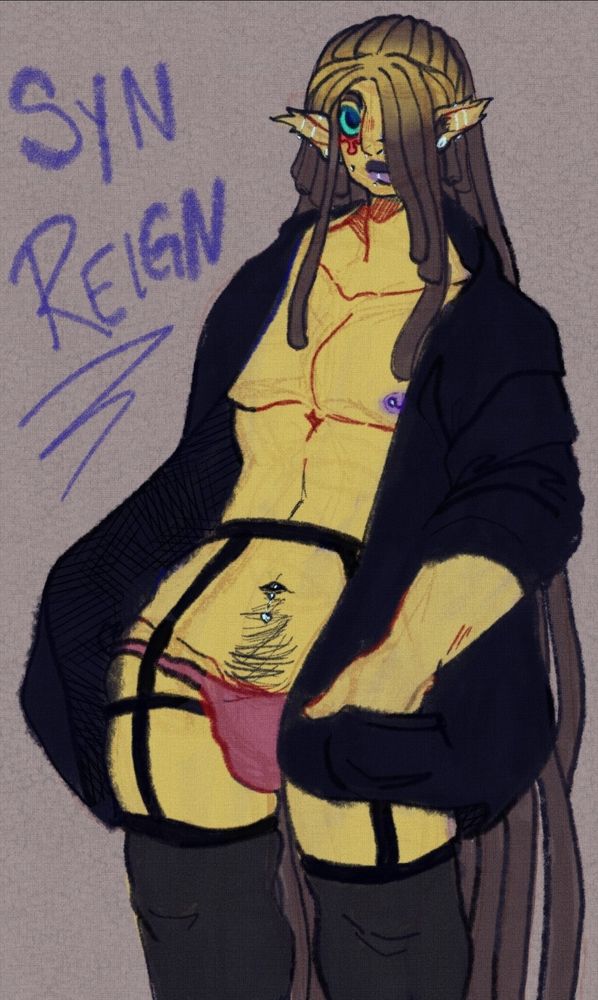 Entitled in indigo on the left 'SYN REIGN'. On the right, Syn is standing casually with their hips jutted out and looking at the viewer. Their hands are in the pockets of their oversized coat and the only thing they have on besides that are garter-and-stockings over dark pink panties. As a twist, their hair is a black with yellow roots.