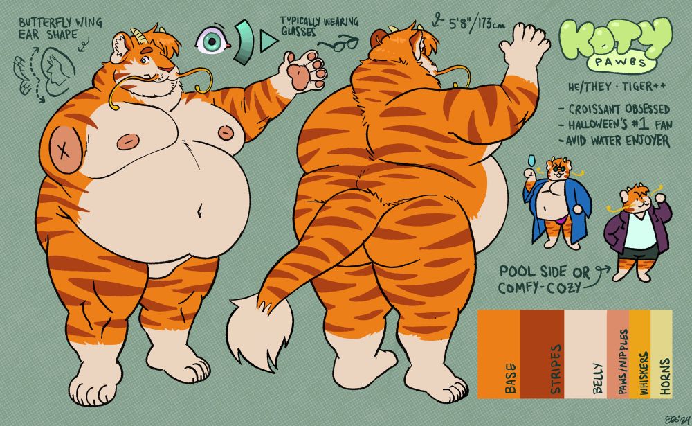 Reference sheet for my fursona, a fat dragon cat