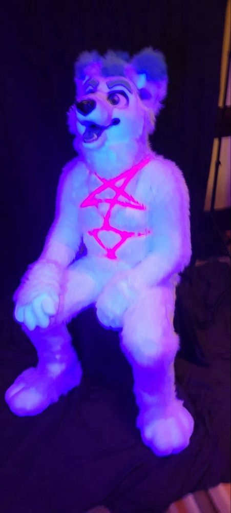 Another angle showing Arc seated under blacklight, with a slightly more blurred focus. The pink pentagram really pops in this one.