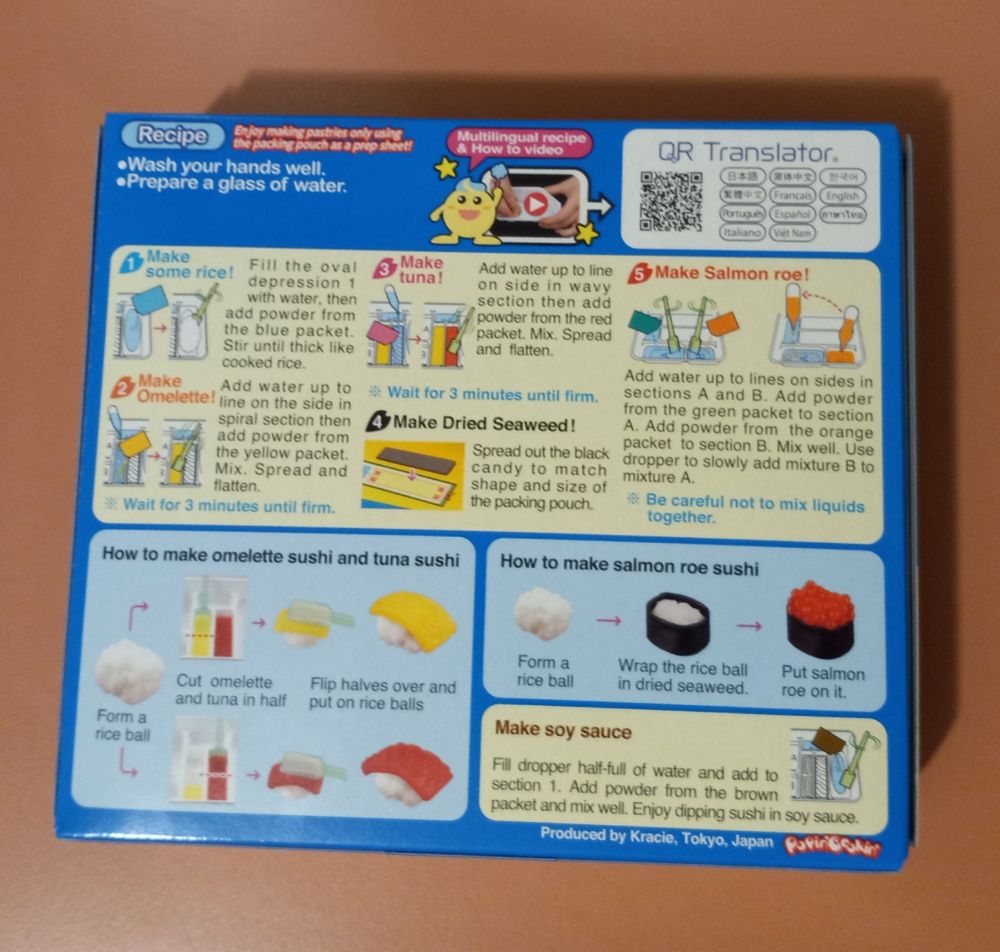 The back of a Popin'Cookin' candy sushi box. It is the instructions. Most of the instructions are which package to put into which spot and how much water to use