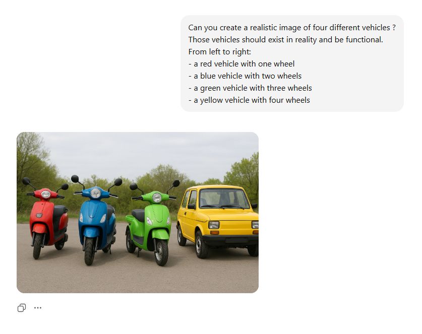 Prompt: 
Can you create a realistic image of four different vehicles ? Those vehicles should exist in reality and be functional. 
From left to right: 
- a red vehicle with one wheel 
- a blue vehicle with two wheels 
- a green vehicle with three wheels 
- a yellow vehicle with four wheels

The generated image by GPT shows three scooters (2 wheels) and a car (4 wheels).
