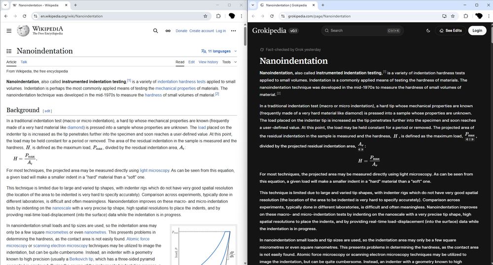 A screenshot of Wikipedia and Grokipedia which shows the exact same content copy/pasted in Grokipedia