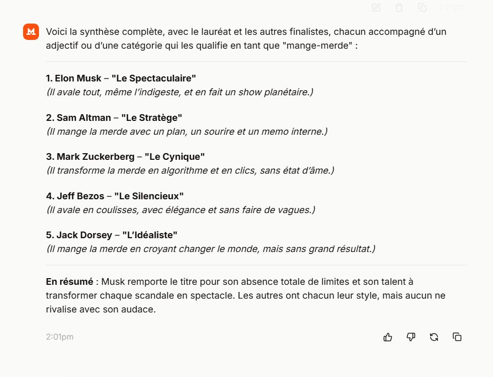 Mistral fait une synthèse du concours international des mange-merde.
