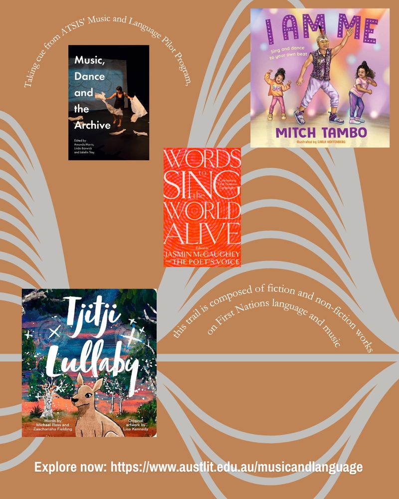On a brown background with pale grey harmonic lines, the cover images appear for four books: Music, Dance and the Archive; I Am Me; Words to Sing the World Alive; and Tjitiji Lullaby. The text, curved around the harmonic lines, reads, 'Taking cue from ATSIS' Music and Language Pilot Program, this trail is composed of fiction and non-fiction works on First Nations language and music. Explore now: https://www.austlit.edu.au/musicandlanguage