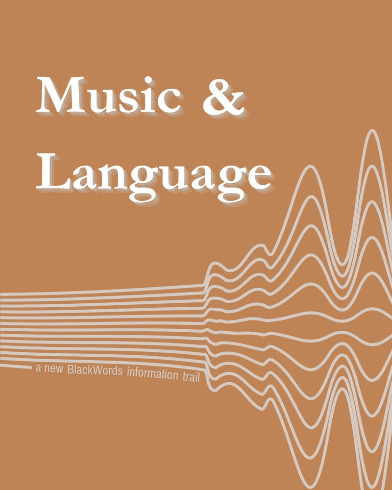 A brown background, with the white text Music & Language. Below, some grey parallel lines split into chaotic harmonics. The bottom line reads 'a new BlackWords information trail.
