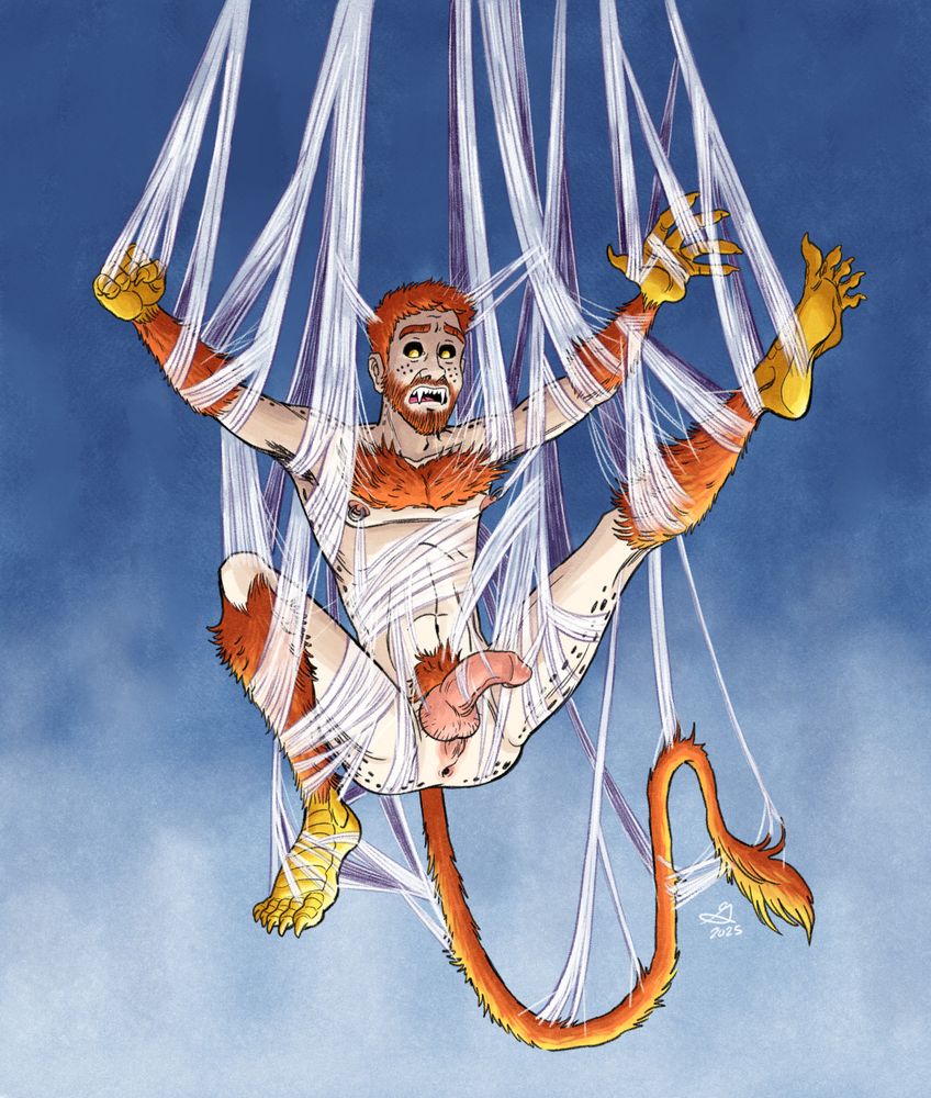 My OC Will in his monster form, awkwardly tangled up and suspended in some silk webbing. Don’t you hate when that happens? He’s a slim humanoid guy with short red hair and a beard, plus furry forelimbs, scaly yellow hands and feet with claws, and a long furry tail. His fur is the same red colour as his beard and the hair on his head. He also has fangs and black eyes with bright yellow irises. He looks rather uncomfortable – his left leg is suspended almost straight up, with the other bent and wrapped in webs at his side. Both his arms are stuck out on either side of him. He’s lit from below, almost like there’s something horrible and glowing down below just out of frame.