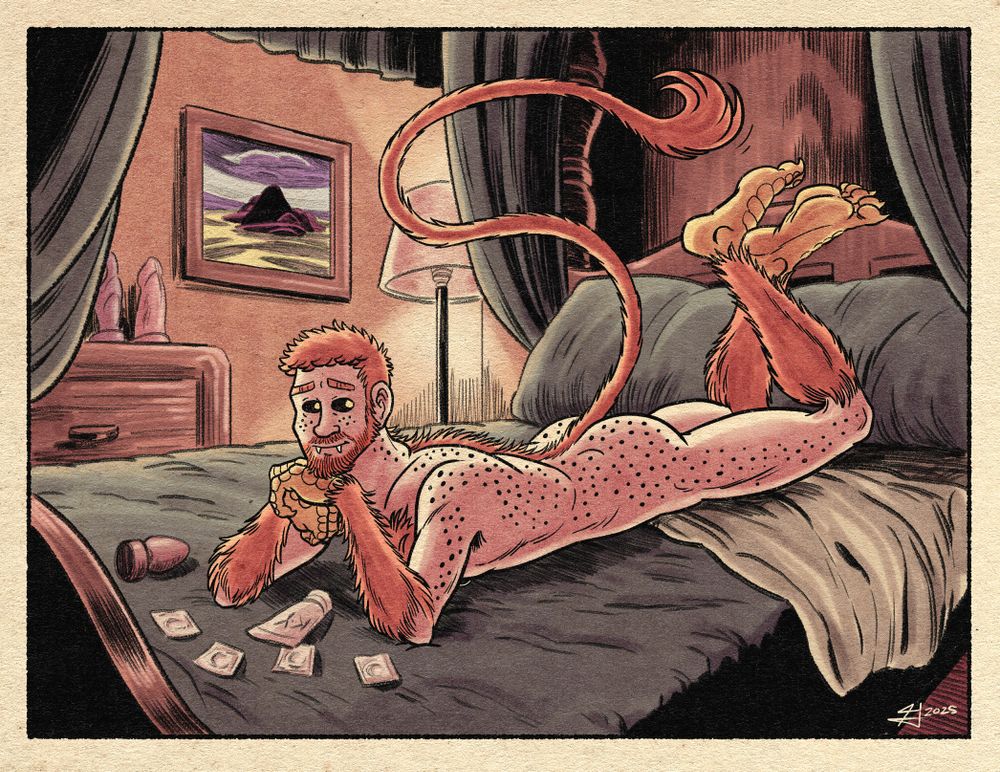 my OC Will in his monster form, posing nude on a four poster bed. he's lying on his stomach with his tail in the air and his head resting on his hands. he has several condoms, lube, and a buttplug spread out in front of him. there are two dildos on the dresser in the background. the lights are dimmed. he is DOWN TO FUCK. you know you want to plow him!!!
