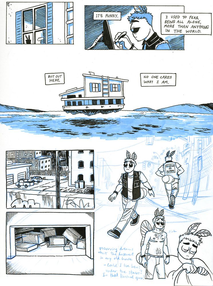 a sketchbook page. the top half depicts three comic panels of my mothsona. in the first panel we see them in silhouette through a window. in the next panel we see them in profile, closeup, drawing on a tablet monitor. caption boxes read, "it's funny. i used to fear being all alone, more than anything in the world."

the third panel pulls back to reveal they're in a house that's floating above a large body of water. captions read, "but out here, no one cares what i am."

the bottom half of the page is filled with sketches of my sona wandering around a city, and then a sketch of them shirtless looking sad, and a sketch of them pulling a blanket up to their shoulders. there are also two sketches in panels, one depicting an alleyway seen from a train car and the other depicting several cardboard boxes in an area under the stairs.