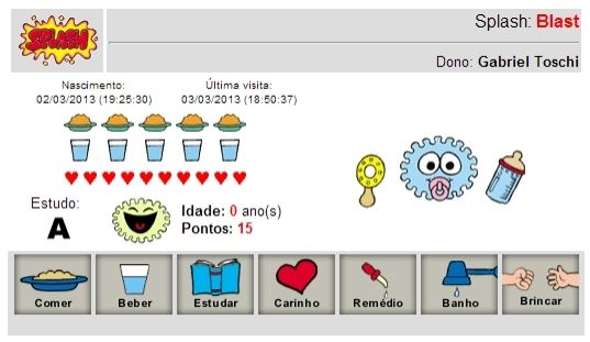 Captura de tela do jogo Splash no antigo site da Turma da Mônica. Um bichinho virtual azul em formato de selo oval tem olhos e uma chupeta, com chocalho e mamadeira em volta. Ao lado, ícones mostram fome, sede e saúde dele. Embaixo, ações disponíveis ao jogador: Comer, Beber, Estudar, Carinho, Remédio, Banho, Brincar