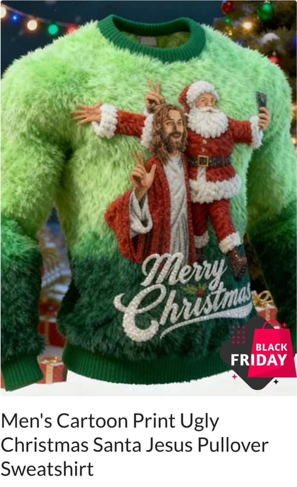A truly arresting furry jumper in shades of industrial chemical leak greens, with white Jesus and white Santa on the front and the cursive white text 'Merry Christmas'. 