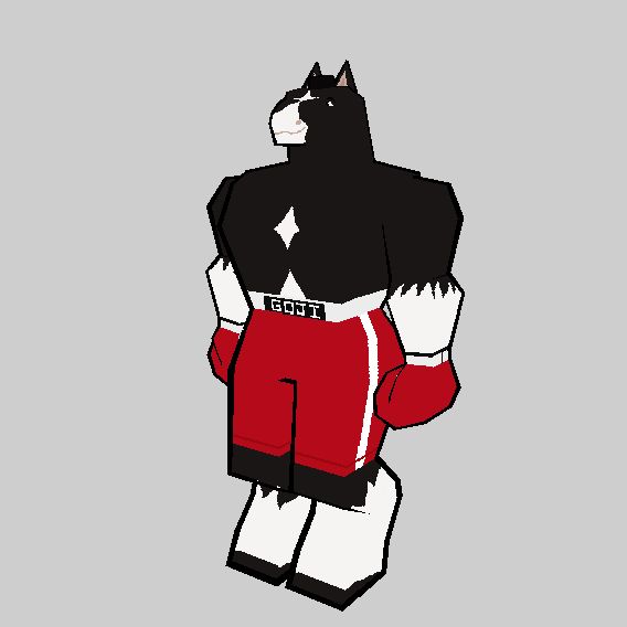 spinning lowpoly anthro horse. he's a black horse with white accents and is wearing boxing gear, red shorts and boxing gloves