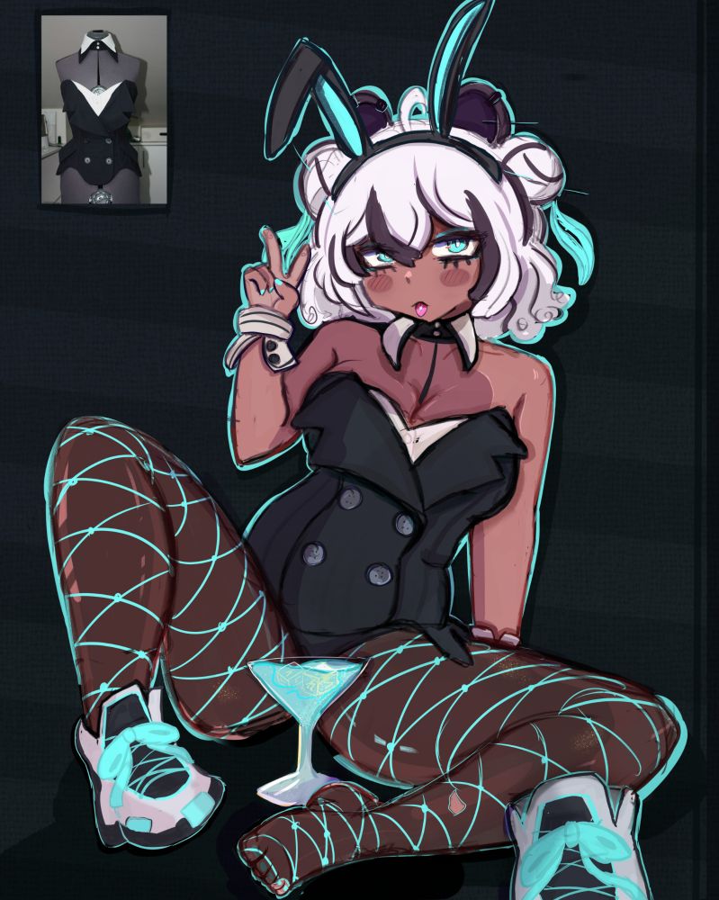 A drawing of a panda girl wearing a bunny giving a piece sign