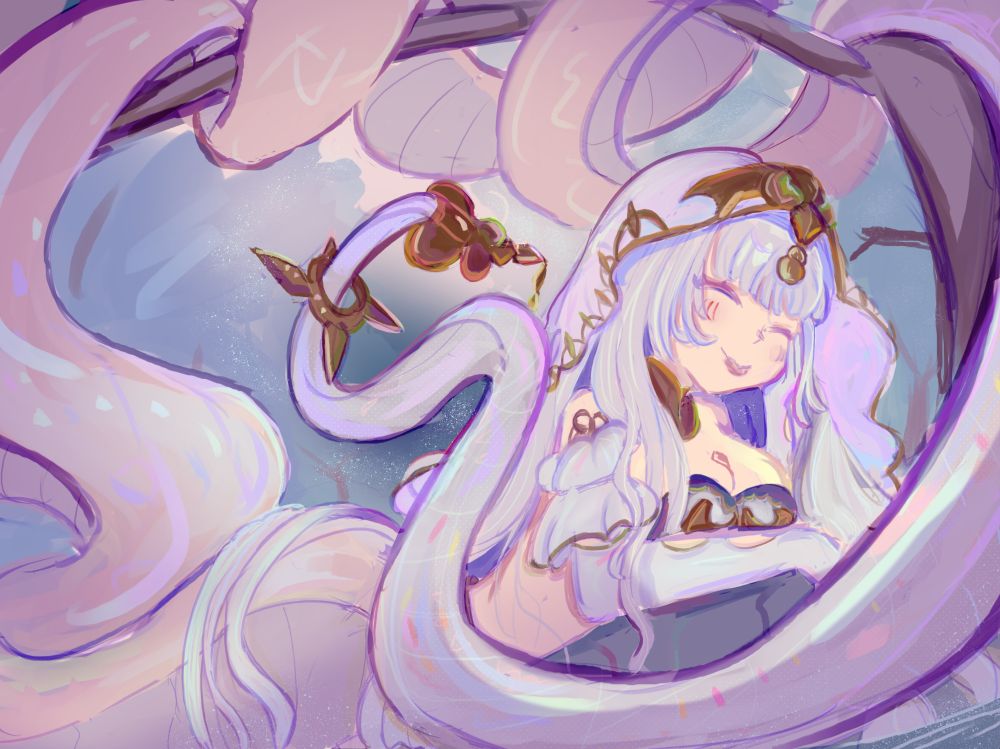 A drawing of the granblue fantasy character Echidna, she is laying on a rock by a stream as her sizable lamia tail wraps around a few tree branches with the tip of said tail lazily pointing towards her. She has her eyes closed and seems content. 