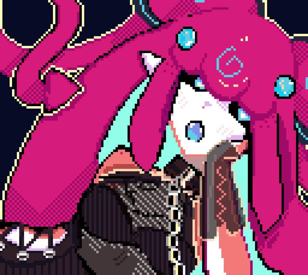 A pixel art drawing of my vampire squid oc, vela resting her head on her hand while leaning over on her side, she is wearing a collar.