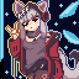A pixel art drawing of the character frostleaf from the mobile game arknights, making a fox sign with her hand
