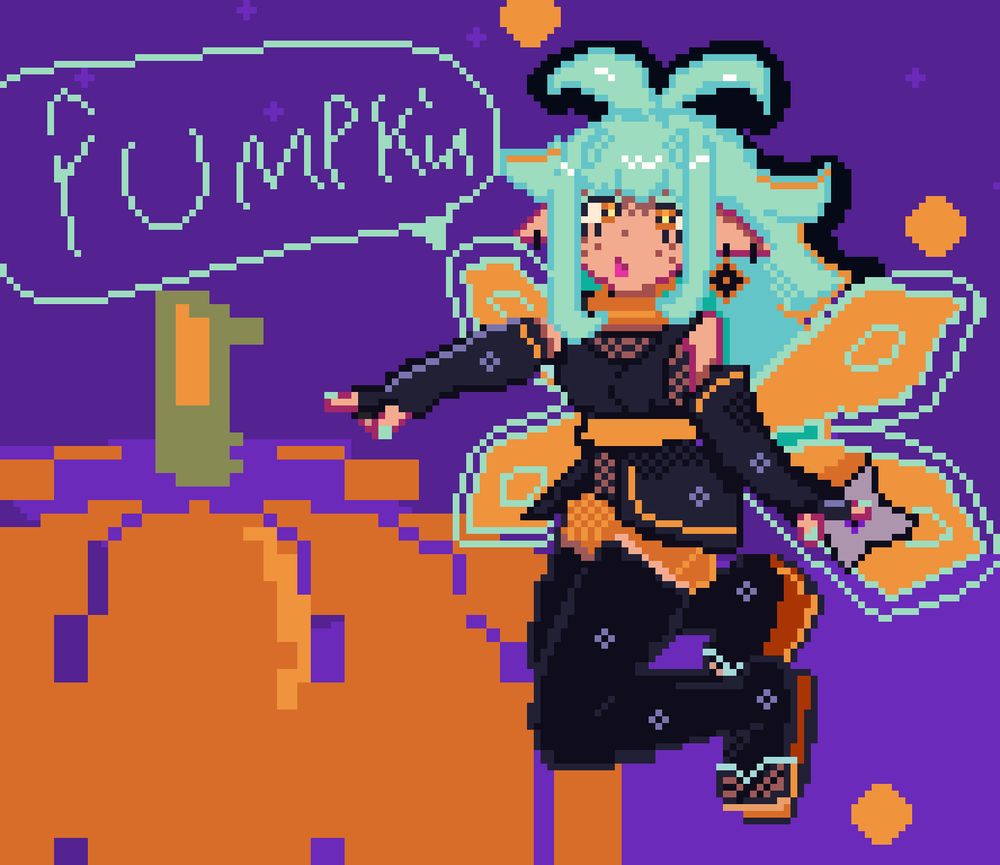 A pixel art drawing of my fairy oc Briar dressed up as a ninja for halloween, pointing at a pumpkin, with text that simply reads "pumpkin" 