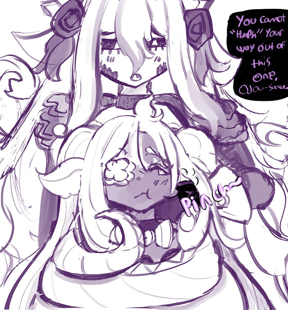 A drawing of my snake maid oc Lumi wrapping up her bird girl ojou-sama Silke in her coils, she is pinching Silke's cheek and saying the following,
"You cannot hmph your way out of this one ojou-sama."