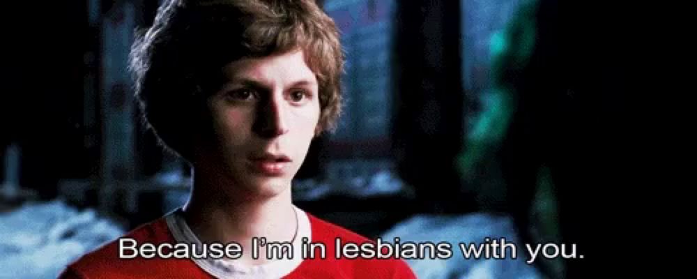 a man in a red shirt says because i 'm in lesbians with you .