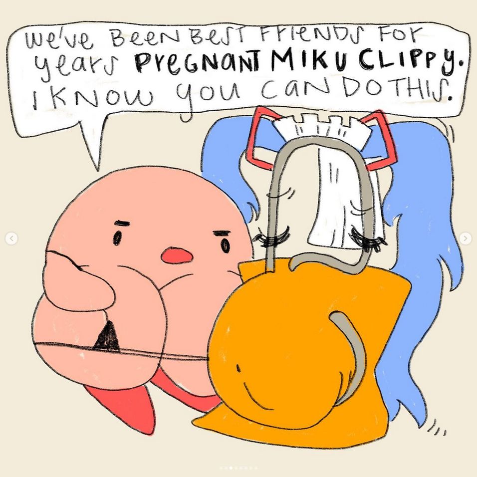 art made by cubeu kirboobie (kirby with huge boobs) in a triangle bikini top saying 