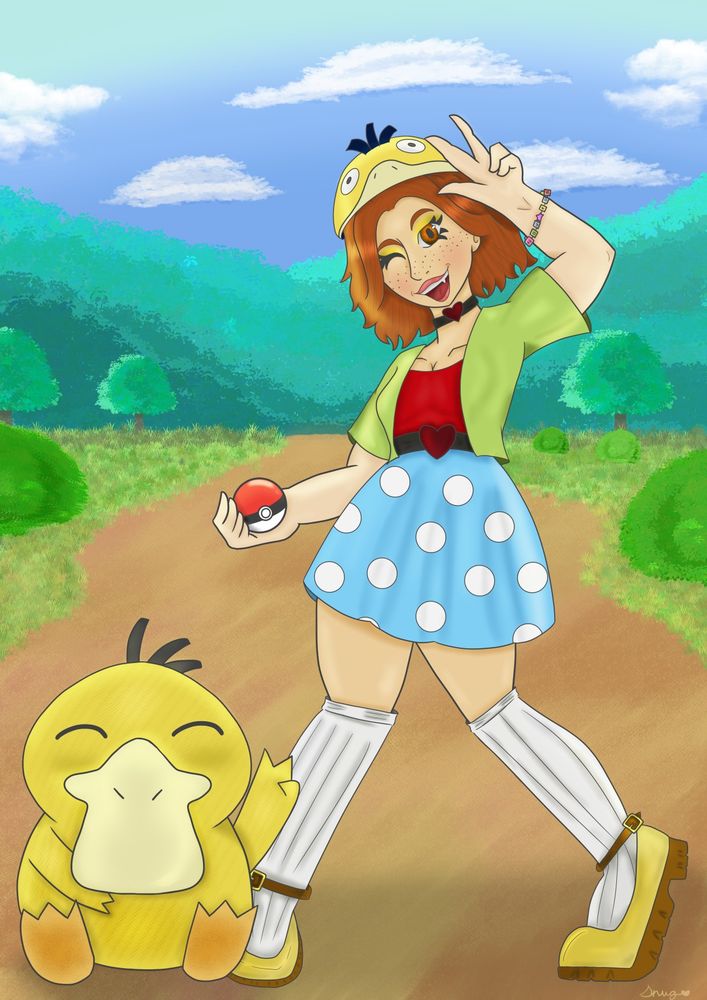 Snug's sona stylised as a pokemon trainer with their partner Psyduck in a pokemon battle pose