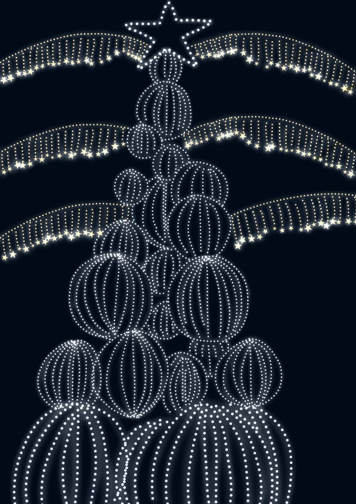 A Christmas tree made of circled lights with curved starred lights surrounding it