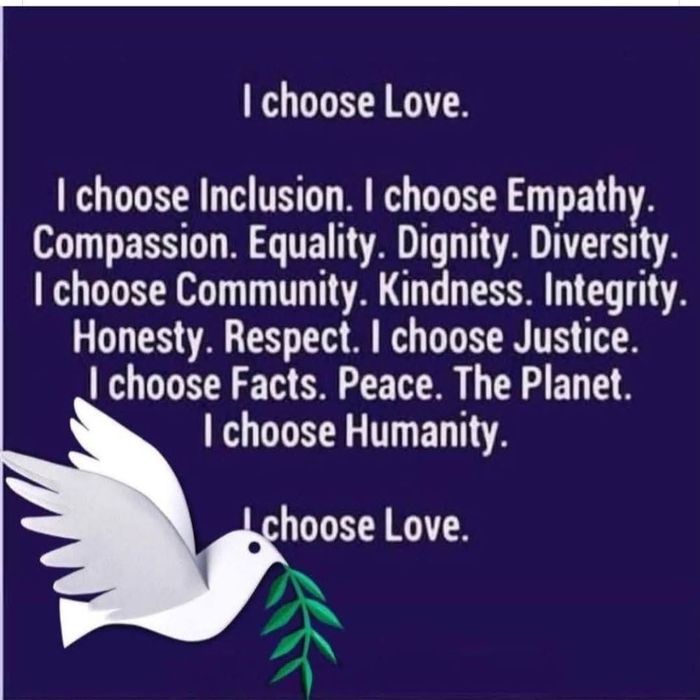 I choose Love. I choose Inclusion. I choose Empathy. Compassion. Equality. Dignity. Diversity. I choose Community. Kindness Integrity. Honesty. Respect. I choose Justice. I choose Facts. Peace. The Planet. I choose Humanity. I choose Love.