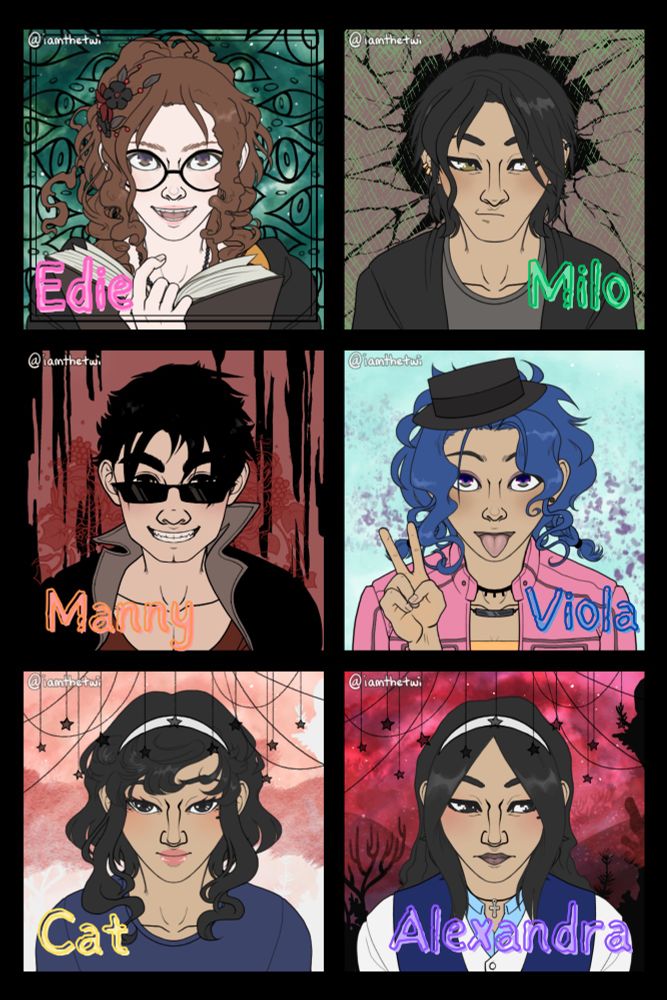 Collage of six picrew cartoon looking characters. 1) an excited girl with curly brown hair and glasses holding a book, with the name Edie in front. 2) a gloomy looking boy with the name Milo in front. 3) a grinning boy with sunglasses and wavy hair, with the name Manny in front. 4) a purple haired girl sticking out her tongue and holding up a peace sign with the name Viola in front. 5) a reserved looking girl with the name Cat in front. 6) a stern looking girl with the name Alexandra in front.