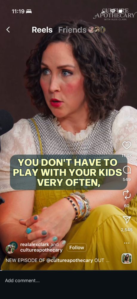 Screenshot from an instagram reel of the Cultural Apothecary show, with the caption "You don't have to play with your kids very often"