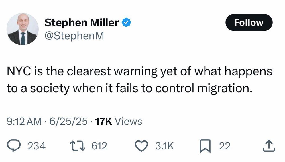 Stephen Miller &
@StephenM
Follow
NYC is the clearest warning yet of what happens to a society when it fails to control migration.
