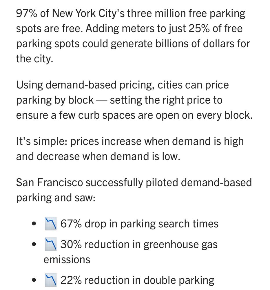 97% of New York City's three million free parking spots are free. Adding meters to just 25% of free parking spots could generate billions of dollars for the city.
Using demand-based pricing, cities can price parking by block — setting the right price to ensure a few curb spaces are open on every block.
It's simple: prices increase when demand is high and decrease when demand is low.
San Francisco successfully piloted demand-based parking and saw:
• 1 67% drop in parking search times
• 1 30% reduction in greenhouse gas emissions
• Y 22% reduction in double parking