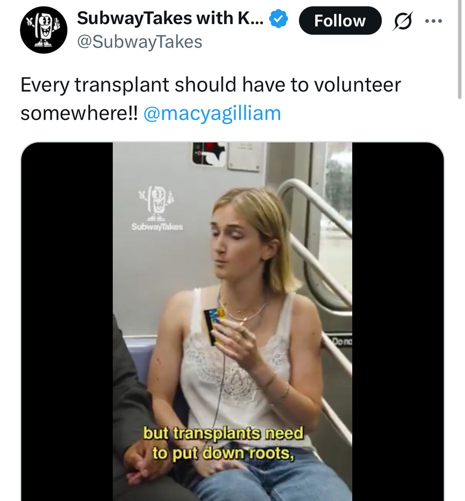 SubwayTakes with K...
@SubwayTakes
Follow
Every transplant should have to volunteer somewhere!! @macyagilliam
스스
SubwayTakes
Dona
but transplants need to put down roots,