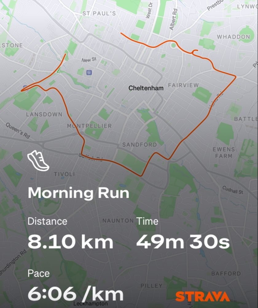Screenshot of a Strava activity showing an 8.1km run in 49m30s. Background image is a map of the route around Cheltenham