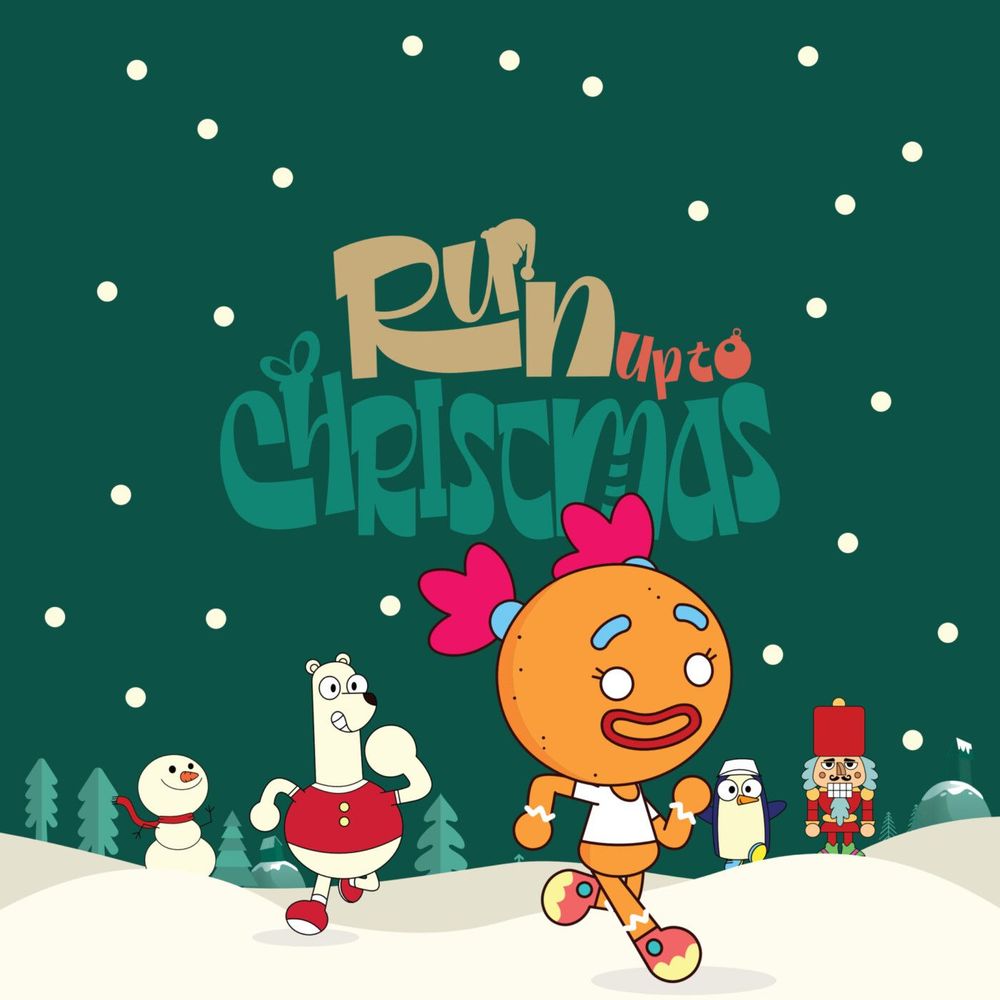 Cartoon graphic of a gingerbread girl running through the snow followed by a polar bear, snowman, penguin and nutcracker. Above them text reads "Run Up To Christmas"