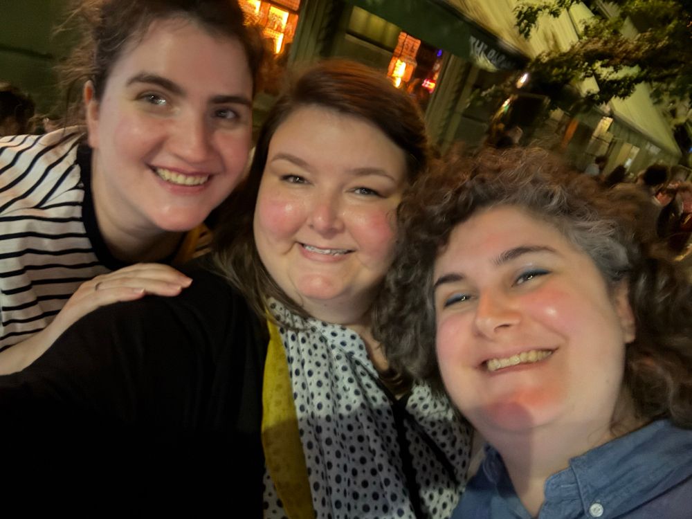 Three ladies, Katie Bergen, me, and Molly Bergen, taking a selfie outside The Parakeet Pub in Kentish Town, London. 