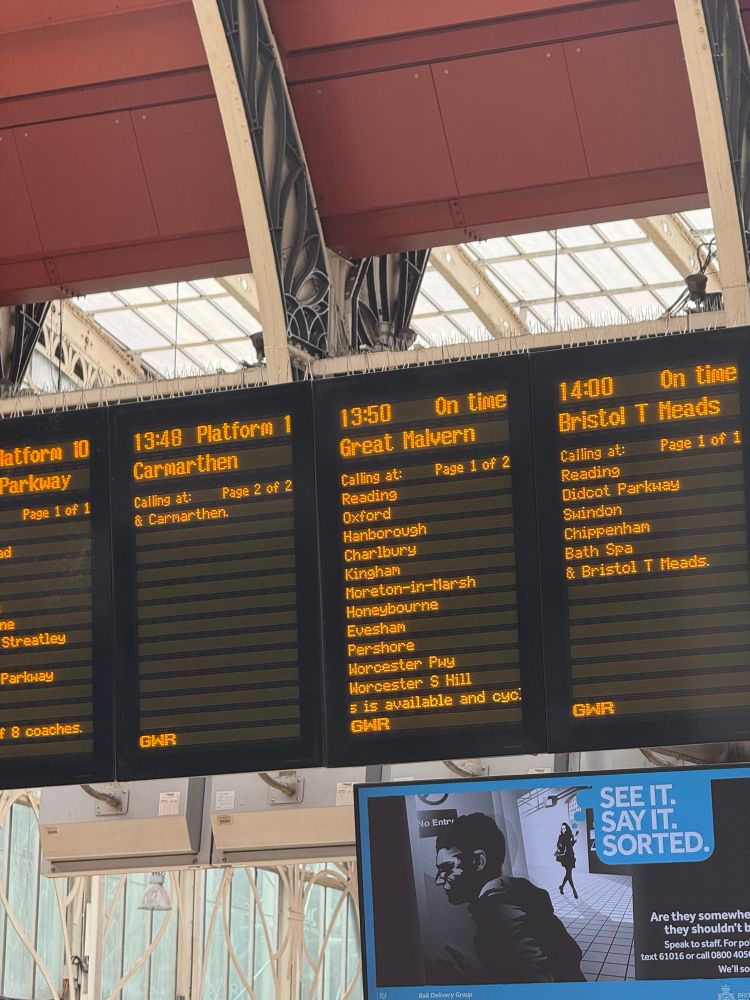 The digital notice board at Paddington Station showing the Great Western Railway train I am taking to Oxford.  