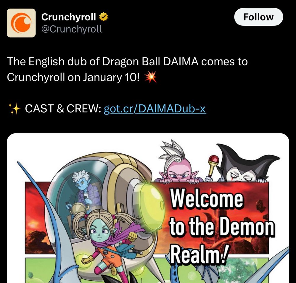 Post from Twitter where crunchy roll announces the Dragon Ball Daima English dub will be released on January 10th