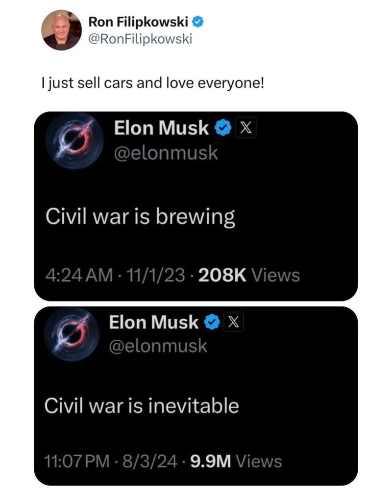 Elon Musk being obsessed with the idea of civil war (years 2023-2024)