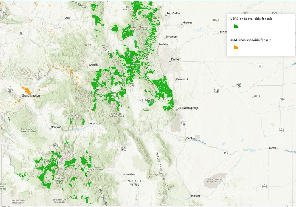 A map showing national forests, refuges and BLM lands in Colorado that would be put up for sale if the latest US budget is approved. 