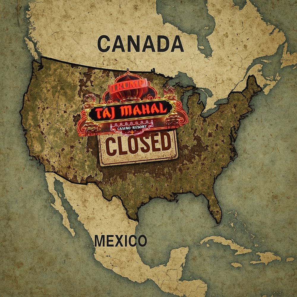 An image of North America but America is labeled Trump Taj Mahal with a closed sign underneath it 