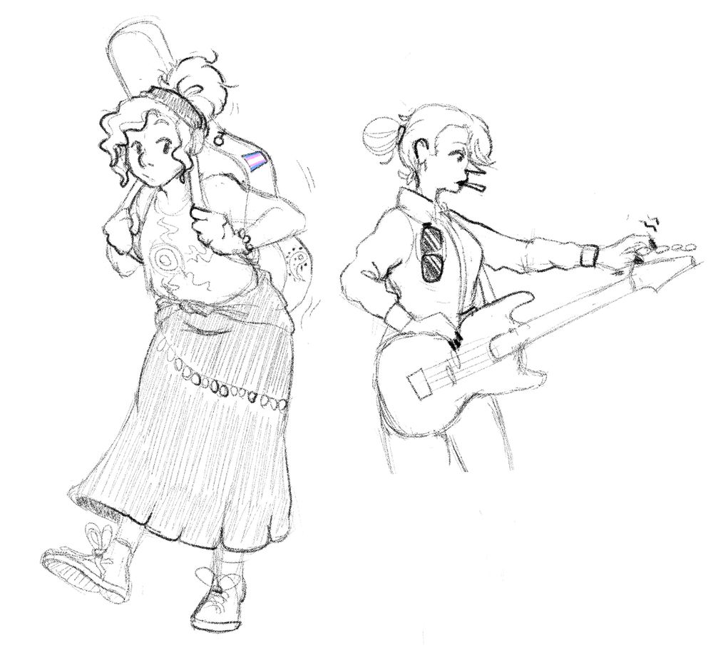 two drawings of geeky's sona and her friend's sona. the left drawing shows a full body drawing of geeky's sona with a guitar bag on her back, slightly leaning forward. she has her hair tied up in an updo with a rag over it, her shirt has a sun pattern on it and wears a hippie style skirt and sneakers. her bag has a few decorative stickers on it, namely the venus sign and a transgender flag (which is the only thing that's colored on the drawing)

the second drawing shows her friend's sona turning a guitar. she has her hair tied up in a low bun style, she wears a dress shirt, one half of it being tucked into her high waist trousers. she has some kind of a stick in her mouth, most likely one for a lollipop. she has a pair of sunglasses hanging off her shirt pocket