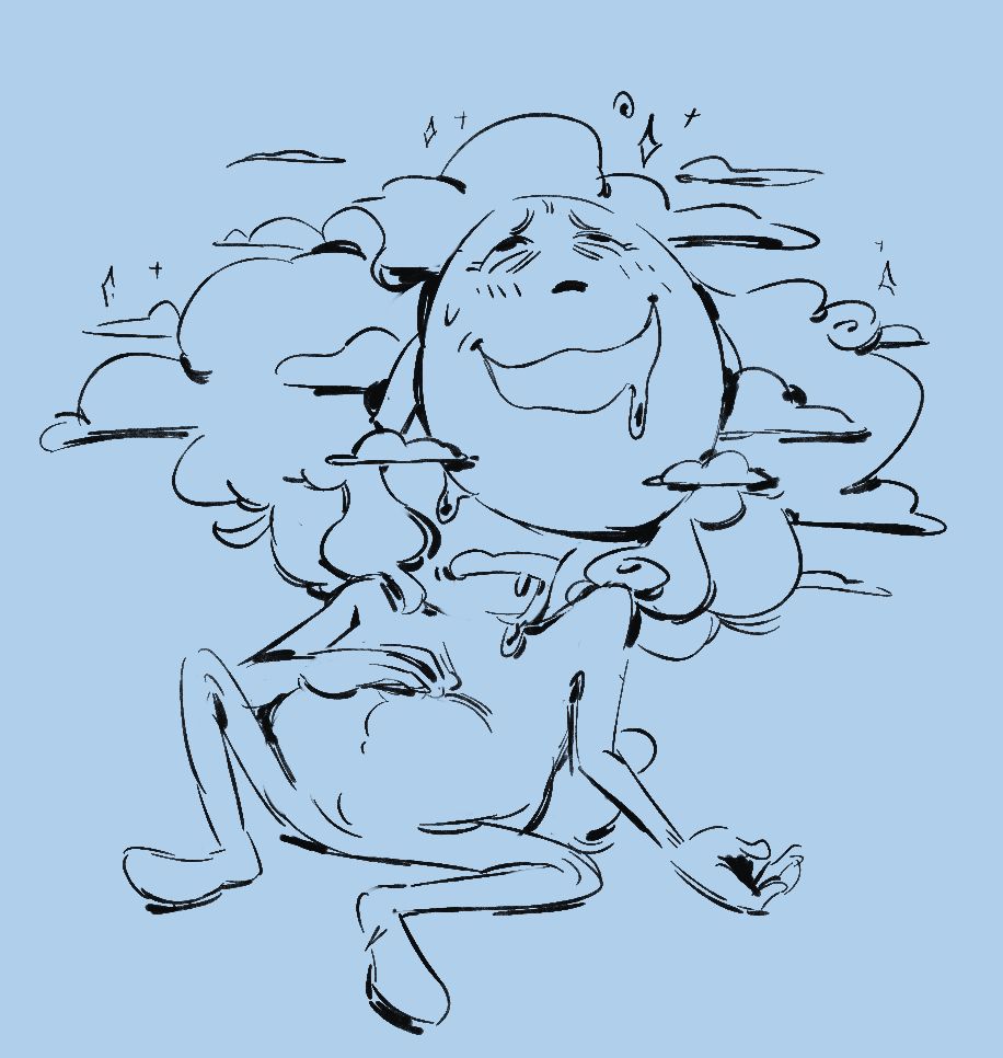 Click Clack rests on the ground after consuming the cloud. His legs are splayed open, and his hand rests on his slightly bloated stomach. His mask is still partially pulled up, his mouth still dripping drool. The expression on his mask is blissed out, as his hair and head have gradually shifted into the shape of floating clouds.