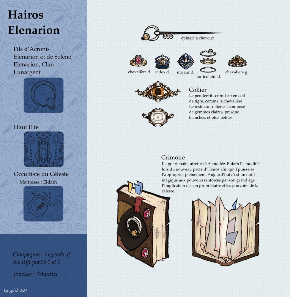 Full character sheet of Hairos, an elf occultist and dnd character. The page shows some basics infos, some jewelry and his grimoire.