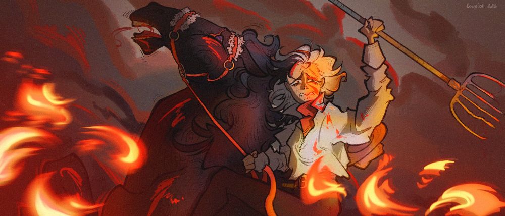 Large illustration who represents the tragic childhood of Boothill, a character from the videogame Honkai Star Rail. We see him as a child, on a horse, trying to escape the flames of a serious fire.