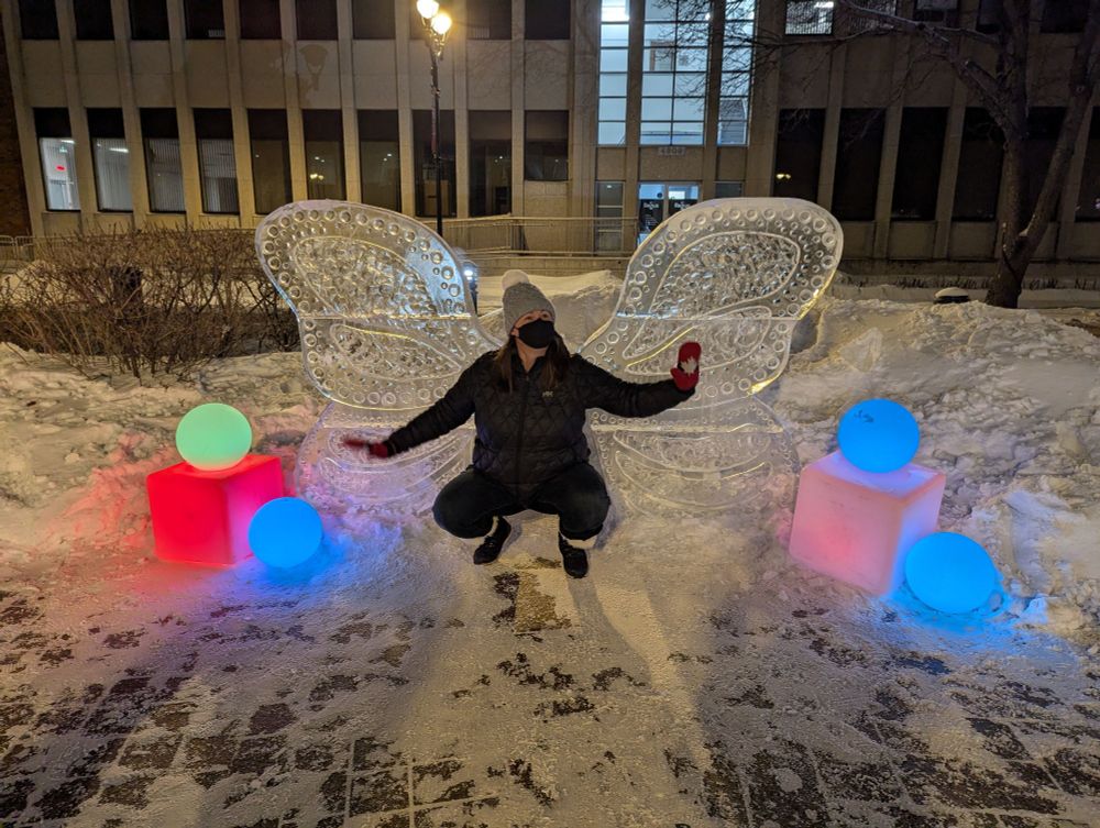 Person in front of butterfly wings made of ice in winter at night.
